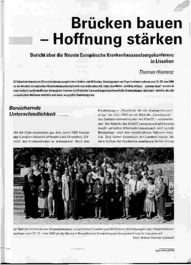 Vorschauseite 1: Brücken bauen - Hoffnung stärken: Bericht über die Neunte Europäische Krankenhausseelsorgekonferenzin Lissabon