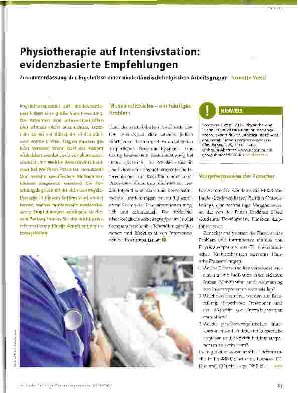 Vorschauseite 1: Physiotherapie auf Intensivstation: evidenzbasierte Empfehlungen