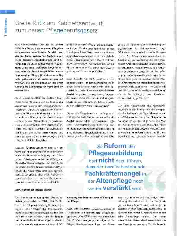 Vorschauseite 1: Breite Kritik am Kabinettsentwurf zum neuen Pflegeberufsgesetz