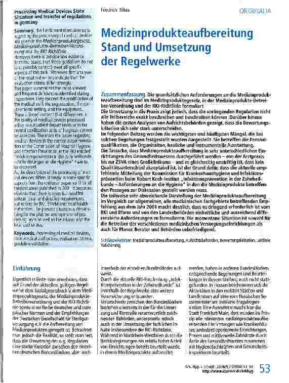 Vorschauseite 1: Medizinprodukteaufbereitung Stand und Umsetzung der Regelwerke