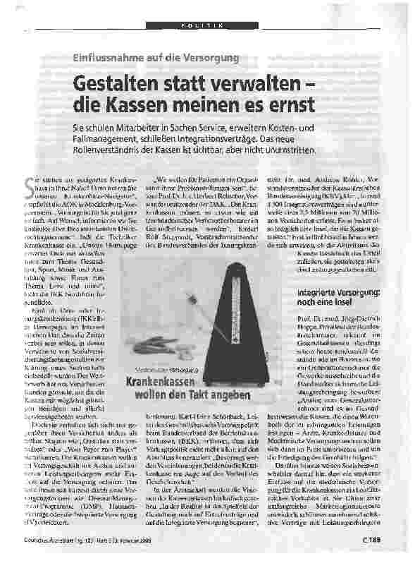 Vorschauseite 1: Einflussnahme auf die VersorgungGestalten statt verwalten - Kassen meinen es ernst