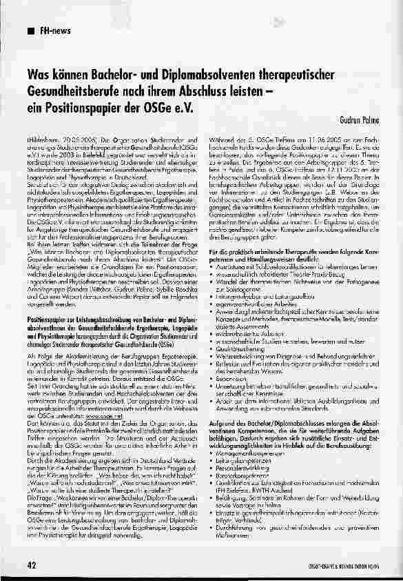Vorschauseite 1: Was können Bachelorund Diplomabsolventen therapeutischer Gesundheitsberufe nach ihrem Abschluss leisten -ein Positionspapier der OSGe e. V.