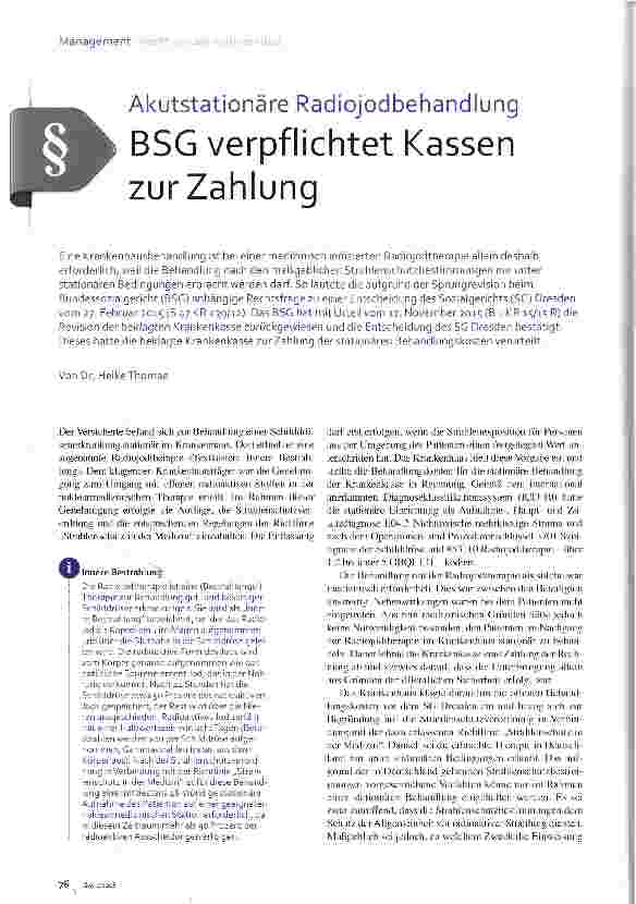 Vorschauseite 1: Akutstationäre Radiojodbehandlung BSG verpflichtet Kassen zur Zahlung