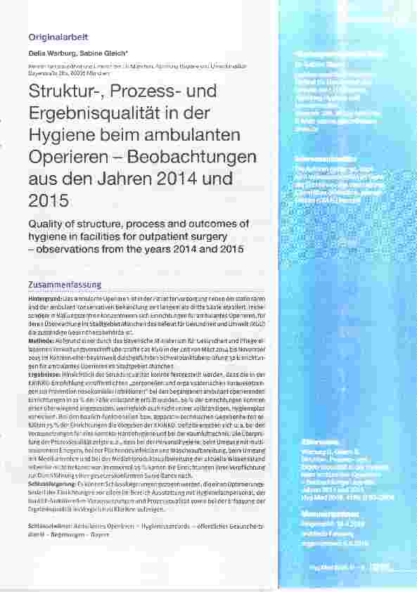 Vorschauseite 1: Struktur-, Prozessund Ergebnisqualität in der Hygiene beim ambulanten Operieren - Beobachtungen aus den Jahren 2014 und 2015