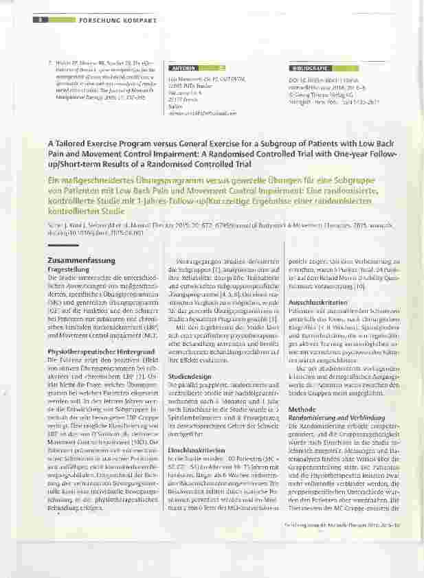 Vorschauseite 1: Ein maßgeschneidertes Übungsprogramm versus generelle Übungen für eine Subgruppe von Patienten mit Low Back Pain und Movement Control Impairment: Eine randomisierte, kontrollierte…