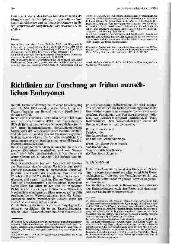 Vorschauseite 1: Richtlinien zur Forschung an frühen menschlichen Embryonen Entschließung des 88. Deutschen Ärztetages