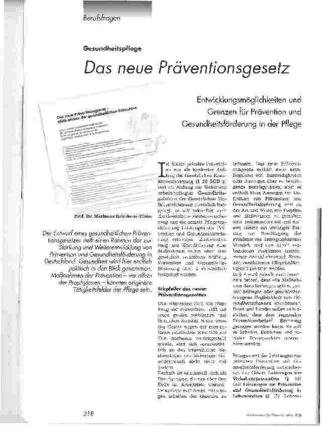 Vorschauseite 1: Das neue PräventionsgesetzEntwicklungsmöglichkeiten und Grenzen für Prävention undGesundheitsförderung in der Pflege