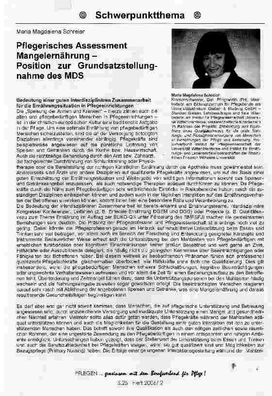 Vorschauseite 1: Pflegerisches Assessment Mangelernährung -Position zur Grundsatzstellungnahme des MDS