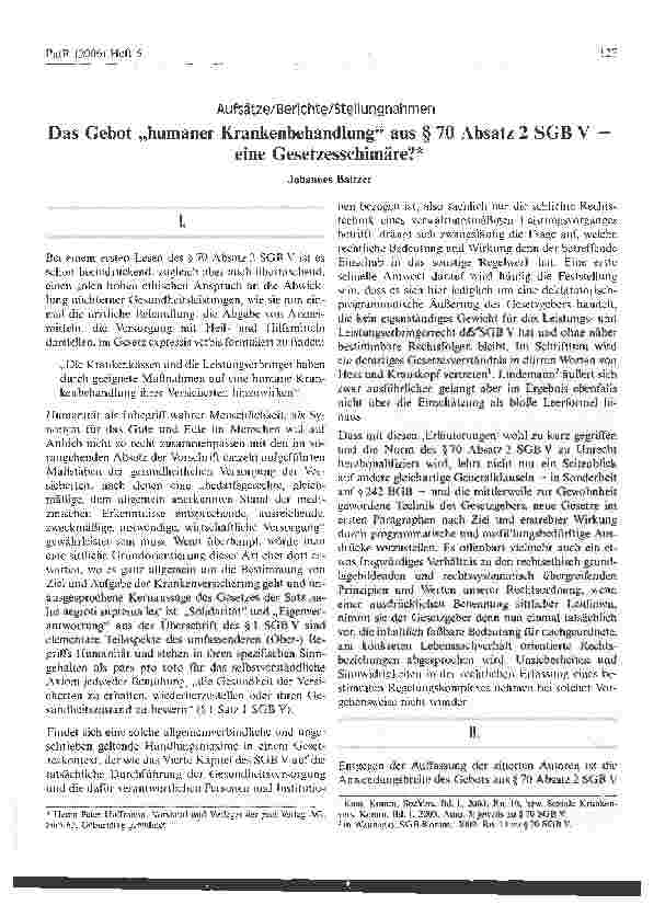 Vorschauseite 1: Das Gebot humaner Krankenbehandlung aus § 70 Absatz 2 SGB V - eine Gesetzesschimäre? *