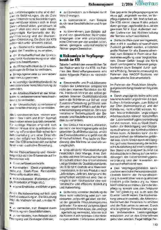 Vorschauseite 2: Etablierung eines Risikomanagement-Systems im Verpflegungsbereich der Klinik für Tumorbiologie in Freiburg