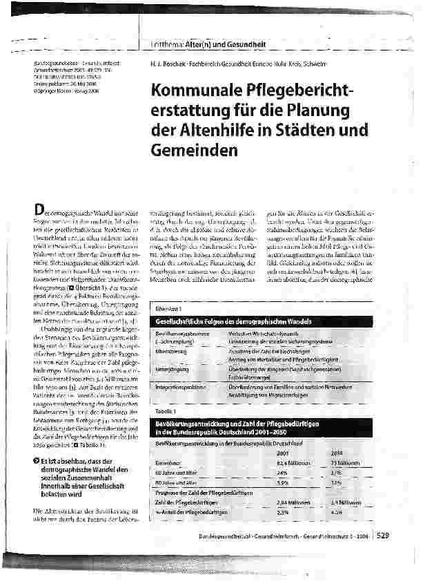 Vorschauseite 1: Kommunale Pflegeberichterstattung für die Planung der Altenhilfe in Städten und Gemeinden