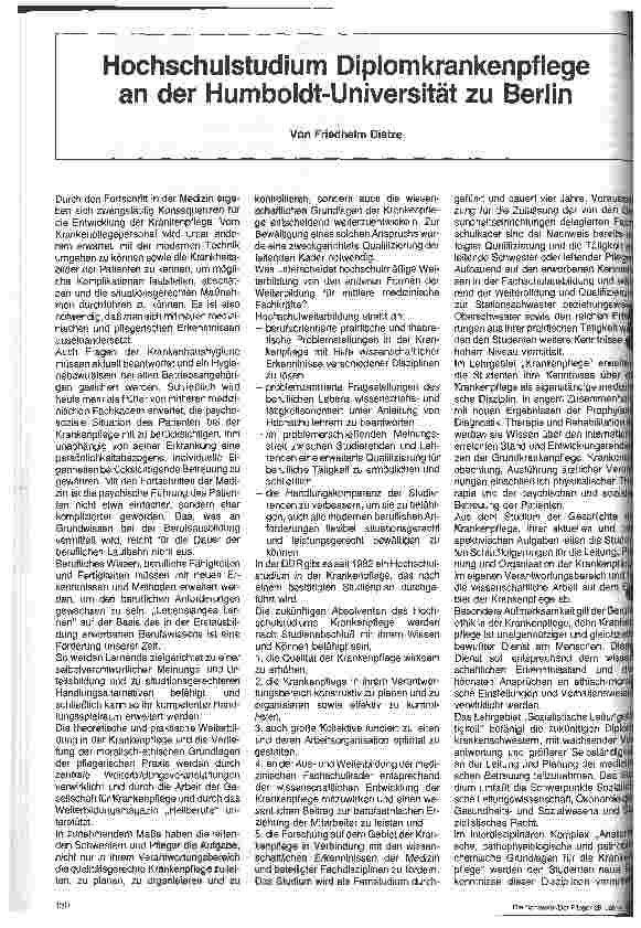 Vorschauseite 1: Hochschulenstudium Diplomkrankenpflege an der Humbold - Universität zu Berlin