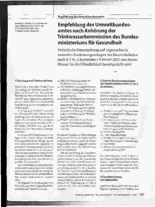 Vorschauseite 1: Empfehlung des Umweltbundesamtes nach Anhörung der Trinkwasserkommission des Bundesministeriums für Gesundheit