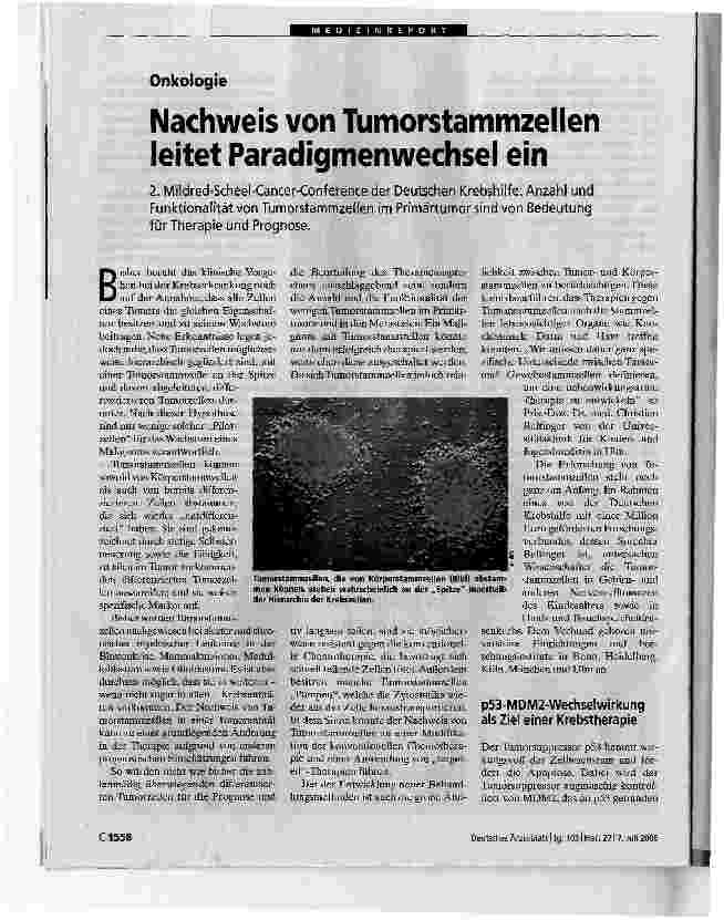 Vorschauseite 1: OnkologieNachweis von Tumorstammzellen Paradigmenwechsel ein