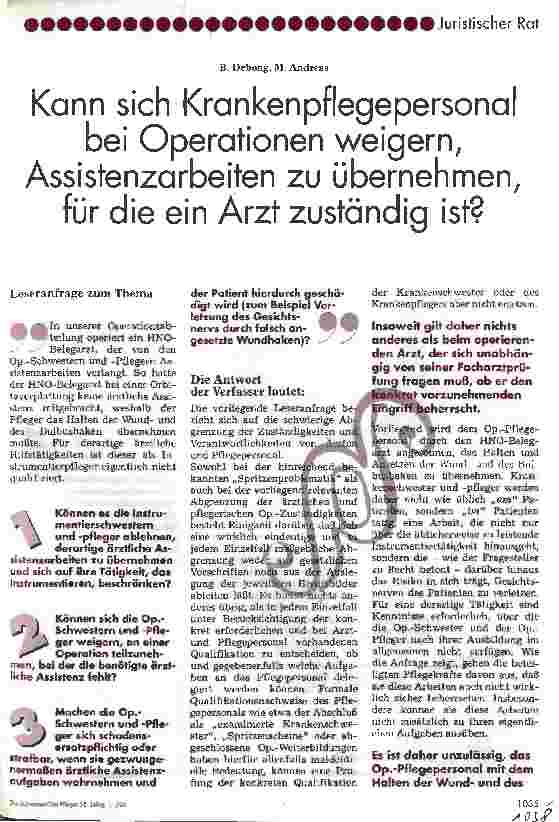 Vorschauseite 1: Kann sich Krankenpflegepersonal bei Operationen weigern, Assistenzarbeiten zu übernehmen, für die ein Arzt zuständig ist?