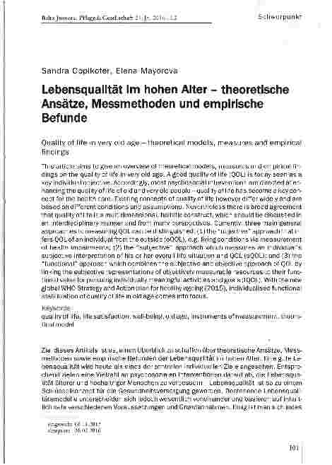 Vorschauseite 1: Lebensqualität im hohen Alter theoretische Ansätze, Messmethoden und empirische Befunde