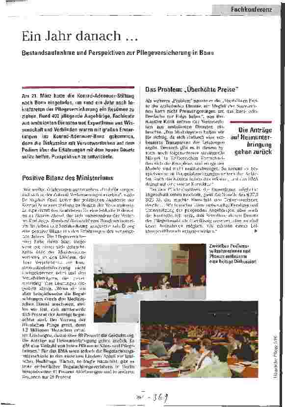 Vorschauseite 1: Ein Jahr danach........ Bestandsaufnahme und Perspektiven zur Pflegeversicherung in Bonn