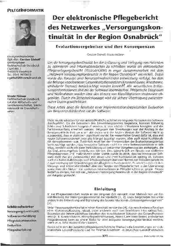 Vorschauseite 1: Der elektronische Pflegebericht des Netzwerkes Versorgungskontinuität in der Region OsnabrückEvaluationsergebnisse und ihre Konsequenzen