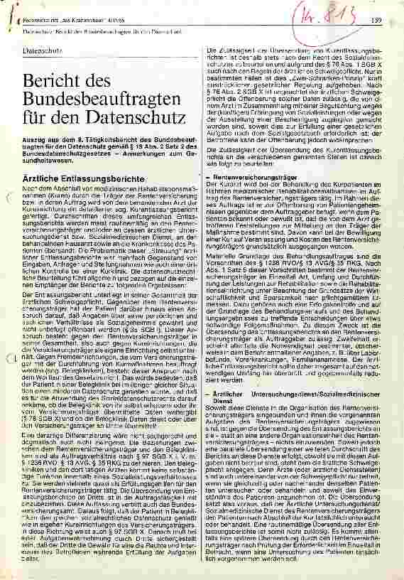 Vorschauseite 1: Bericht des Bundesbeauftragten für den Datenschutz Auszug aus dem Tätigkeitsbereich