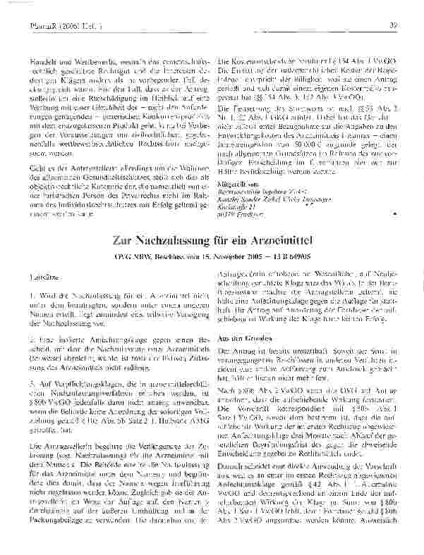 Vorschauseite 1: Zur Nachzulassung für ein Arzneimittel