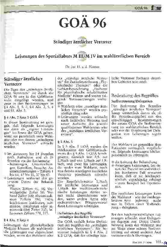 Vorschauseite 1: GOÄ 96 Ständiger ärztlicher Vertreter Leistungen des Speziallabors M III/M IV im wahlärztlichen Bereich