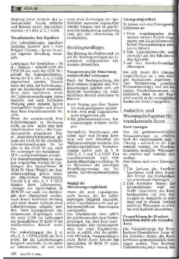 Vorschauseite 4: GOÄ 96 Ständiger ärztlicher Vertreter Leistungen des Speziallabors M III/M IV im wahlärztlichen Bereich
