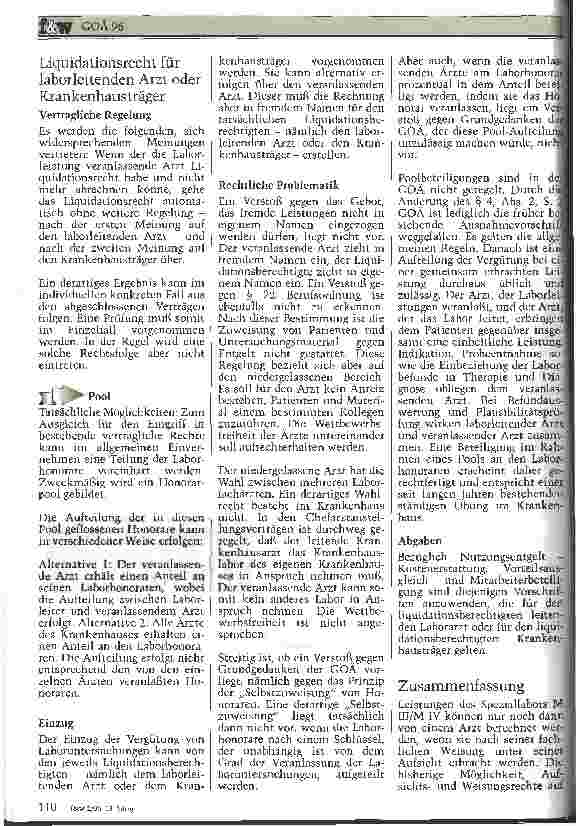Vorschauseite 6: GOÄ 96 Ständiger ärztlicher Vertreter Leistungen des Speziallabors M III/M IV im wahlärztlichen Bereich