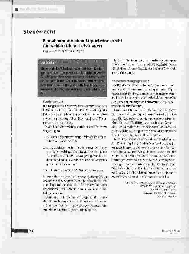 Vorschauseite 1: Einnahmen aus dem Liquidationsrecht für wahlärztliche LeistungenBFH vom 5.10.2005 (VI R 152/01)