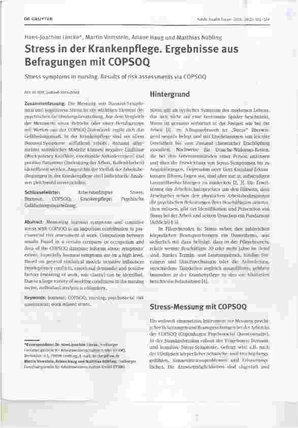 Vorschauseite 1: Stress in der Krankenpflege. Ergebnisse aus Befragungen mit COPSOQ