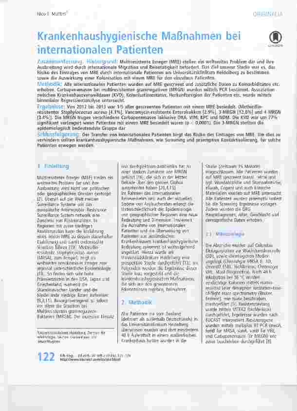 Vorschauseite 1: Krankenhaushygienische Maßnahmen bei internationalen Patienten