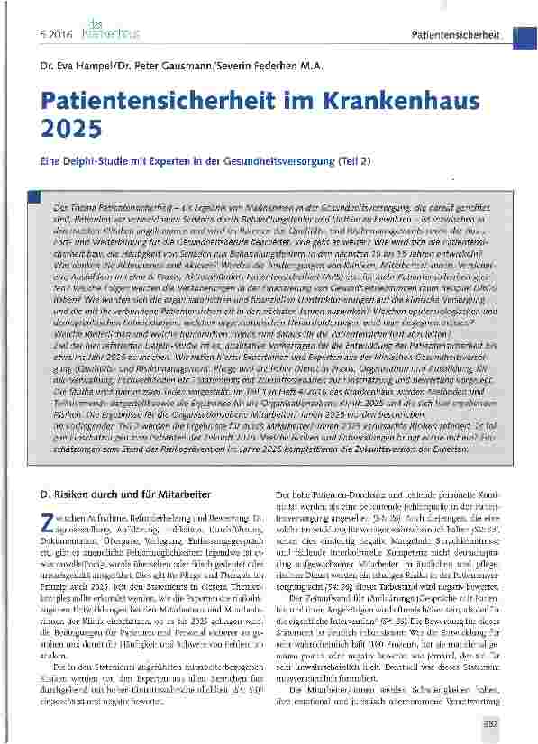 Vorschauseite 1: Patientensicherheit im Krankenhaus 2025 Eine Delphi-Studie mit Experten in der Gesundheitsversorgung (Teil 2)