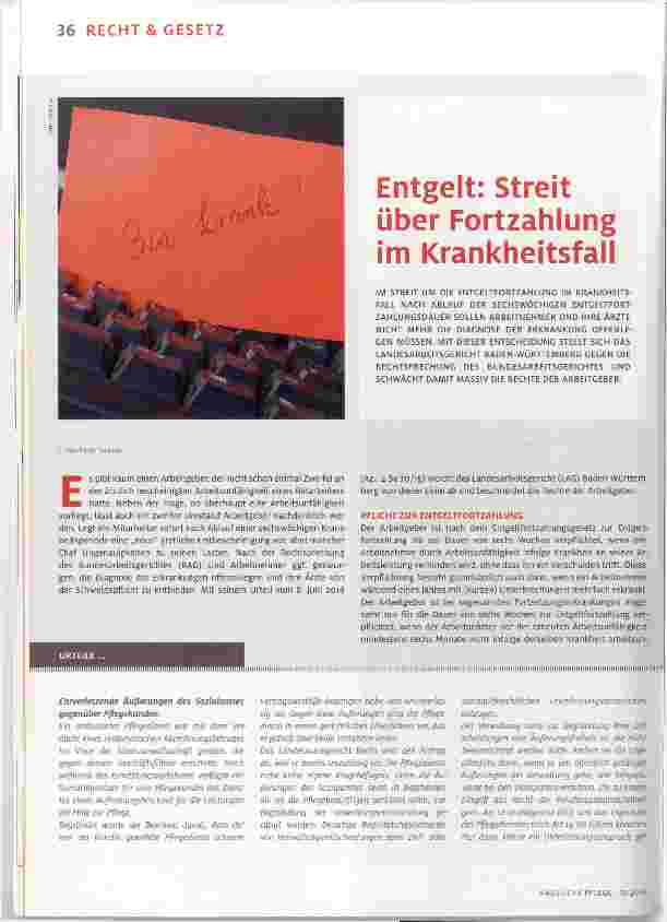 Vorschauseite 1: Entgelt: Streit über Fortzahlung im Krankheitsfall