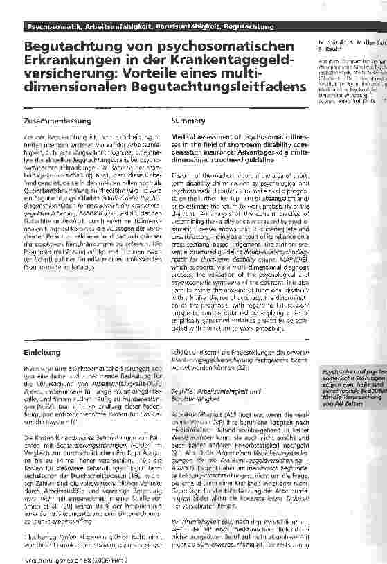 Vorschauseite 1: Begutachtung von psychosomatischen Erkrankungen in der Krankentagegeldversicherung: Vorteile eines multidimensionalen Begutachtungsleitfadens