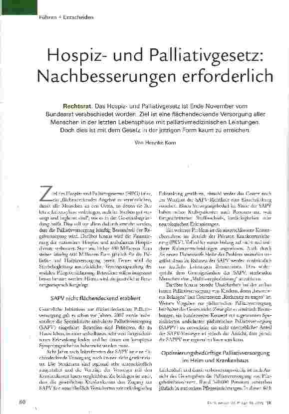 Vorschauseite 1: Hospizund Palliativgesetz: Nachbesserungen erforderlich