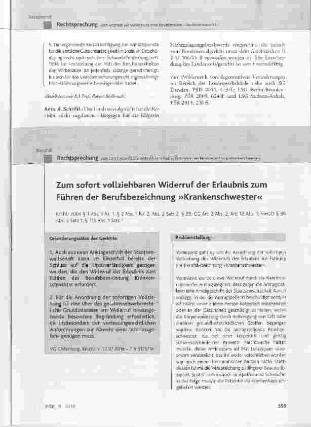 Vorschauseite 1: Zum sofort vollziehbaren Widerruf der Erlaubnis zum Führen der Berufsbezeichnung »Krankenschwester«