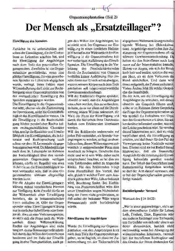 Vorschauseite 1: Der Mensch als Ersatzteillager? Organtransplantation (Teil 2)
