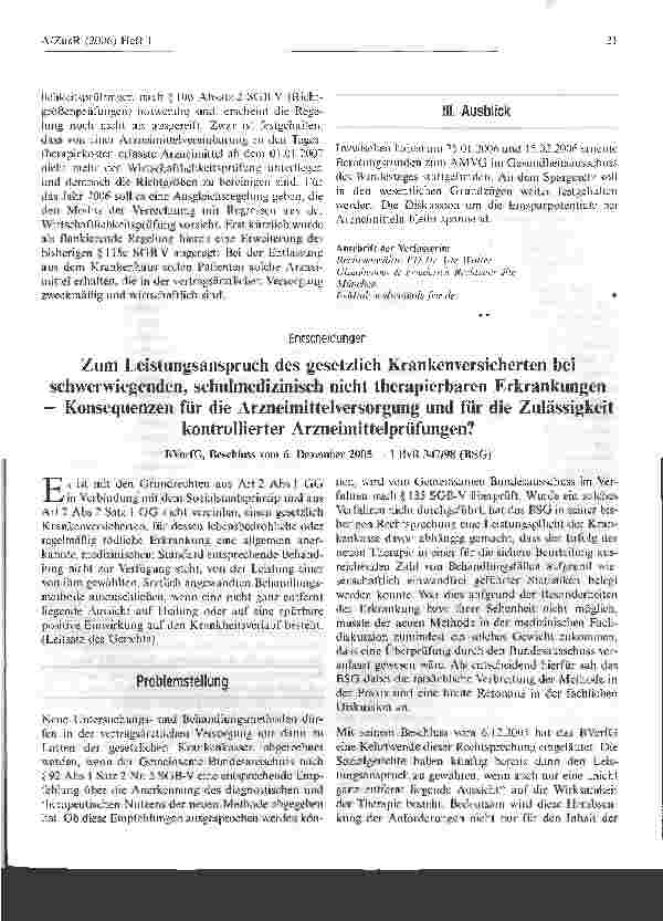 Vorschauseite 1: Zum Leistungsanspruch des gesetzlich Krankenversicherten bei schwerwiegenden, schulmedizinisch nicht therapierbaren Erkrankungen - Konsequenzen für die Arzneimittelversorgung und…