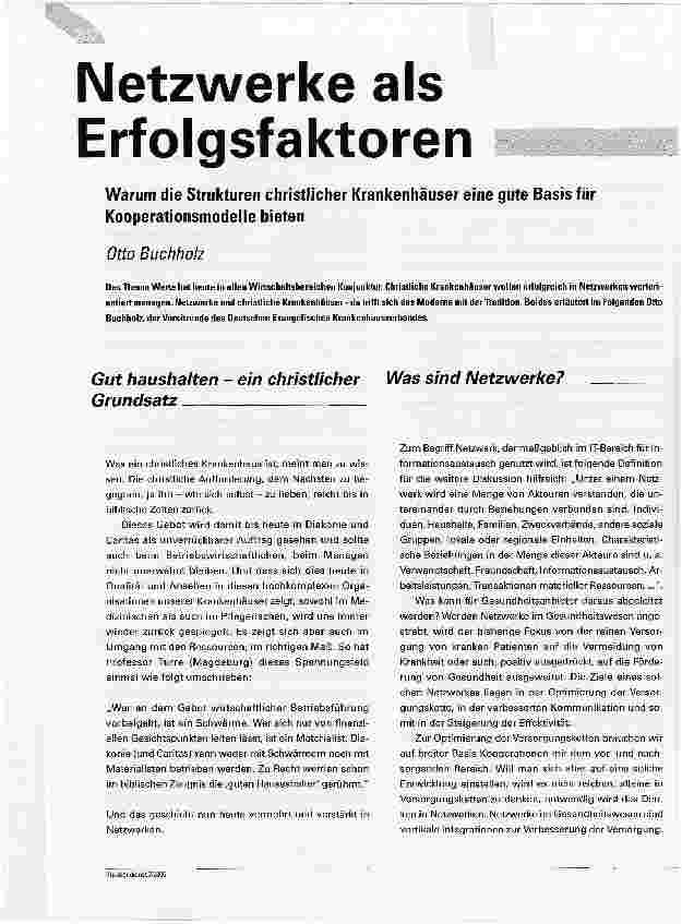 Vorschauseite 1: Netzwerke als ErfolgsfaktorenWarum die Strukturen christlicher Krankenhäuser eine gute Basis für Kooperationsmodelle bieten