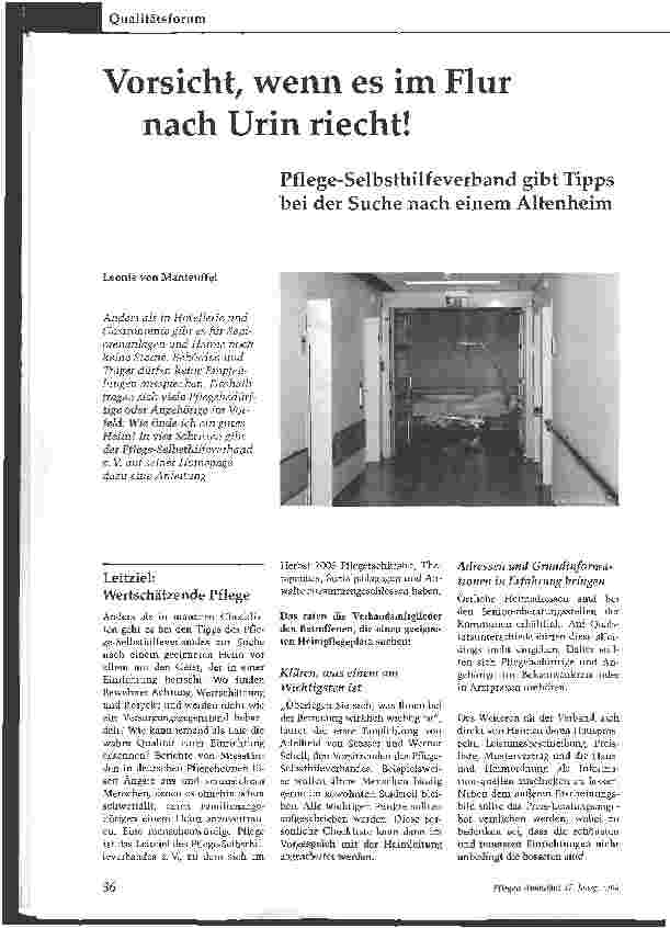 Vorschauseite 1: Vorsicht, wenn es im Flur nach Urin riecht! - Pflege-Selbsthilfeverband gibt Tipps bei der Suche nach einem Altenheim