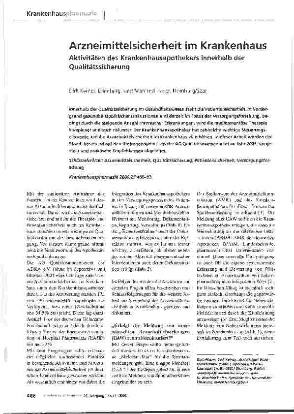 Vorschauseite 1: Arzneimittelsicherheit im Krankenhaus - Aktivitäten des Krankenhausapothekers innerhalb der Qualitätssicherung