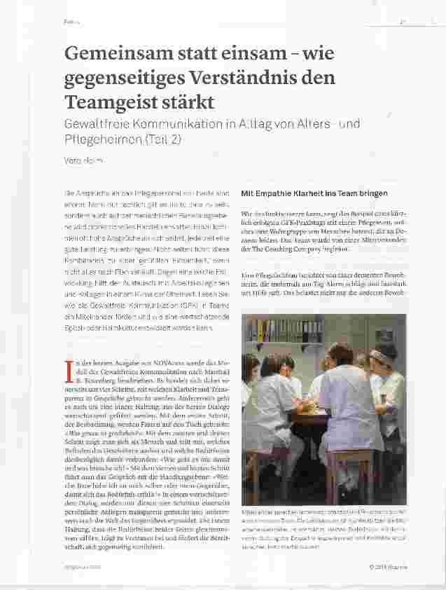 Vorschauseite 1: Gemeinsam statt einsam - wie gegenseitiges Verständnis den Teamgeist stärktGewaltfreie Kommunikation in Alltag von Altersund Pflegeheimen (Teil 2)