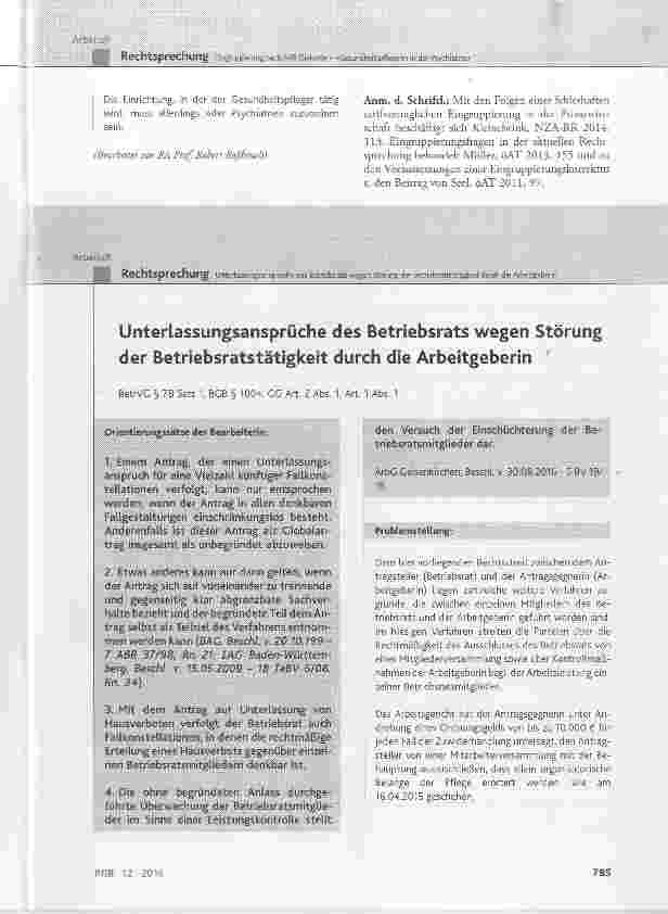 Vorschauseite 1: Unterlassungsansprüche des Betriebsrats wegen Störung der Betriebsratstätigkeit durch die Arbeitgeberin BetrVG § 78 Satz 1; BGB § 1004; GG Art. 2 Abs. 1, Art. 1 Abs. 1