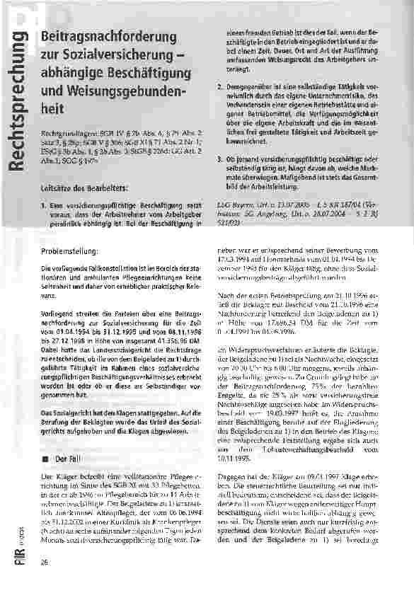 Vorschauseite 1: Beitragsnachforderung zur Sozialversicherung - abhängige Beschäftigung und Weisungsgebundenheit