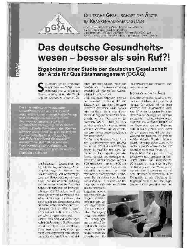 Vorschauseite 1: Das deutsche Gesundheitswesen - besser als sein Ruf? !Ergebnisse einer Studie der deutschen Gesellschaft der Ärzte für Qualitätsmanagement (DGÄQ)