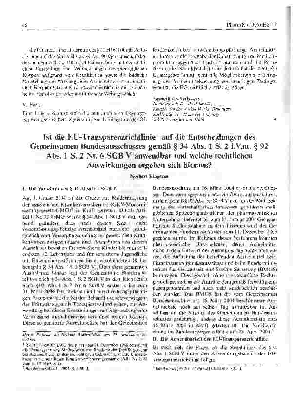 Vorschauseite 1: Ist die EU-Transparenzrichtlinie1 auf die Entscheidungen desGemeinsamen Bundesausschusses gemäß § 34 Abs. 1 S. 2 i.V.m. § 92Abs. 1 S. 2 Nr. 6 SGB V anwendbar und welche rechtliche…