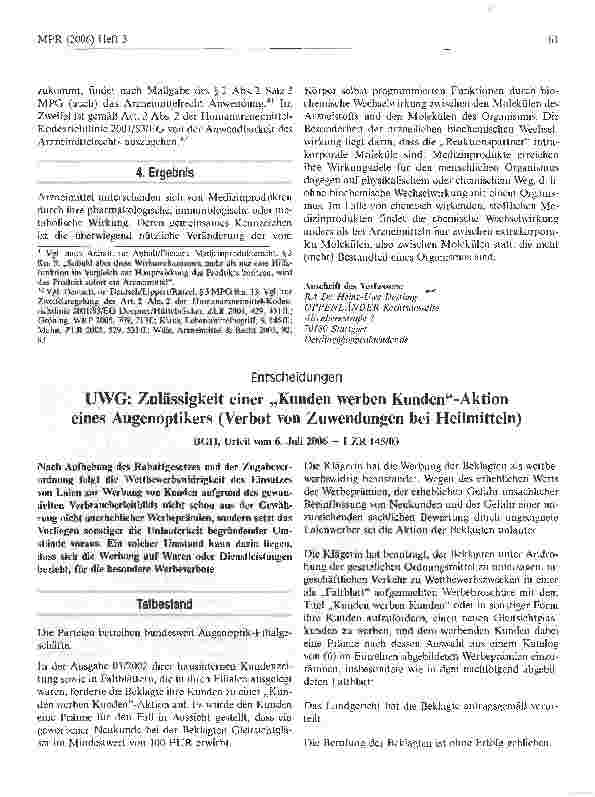 Vorschauseite 1: UWG: Zulässigkeit einer Kunden werben Kunden-Aktion eines Augenoptikers (Verbot von Zuwendungen bei Heilmitteln)