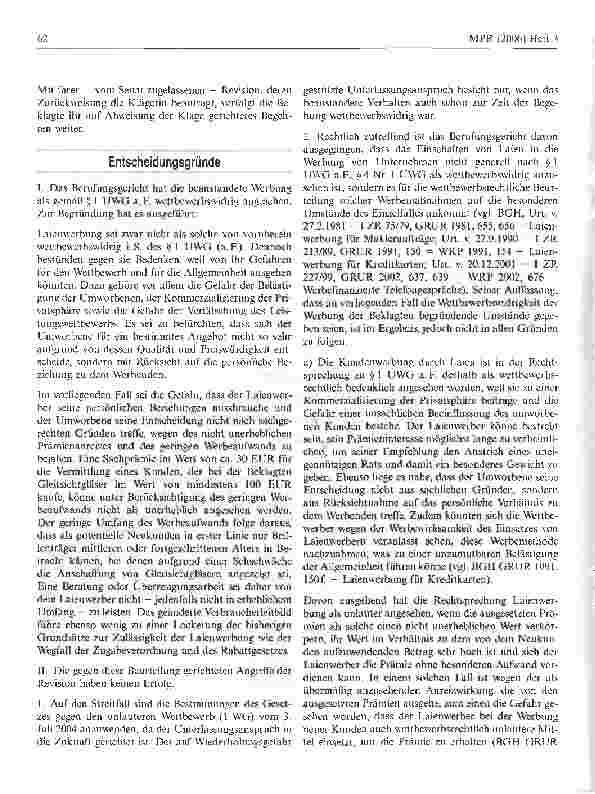Vorschauseite 2: UWG: Zulässigkeit einer Kunden werben Kunden-Aktion eines Augenoptikers (Verbot von Zuwendungen bei Heilmitteln)