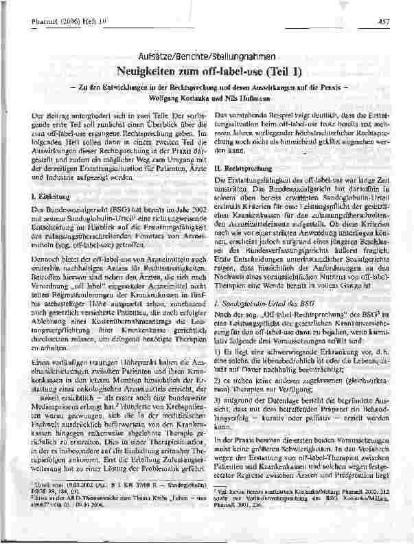 Vorschauseite 1: Neuigkeiten zum off-label-use (Teil 1) - Zu den Entwicklungen in der Rechtsprechung und deren Auswirkungen auf die Praxis