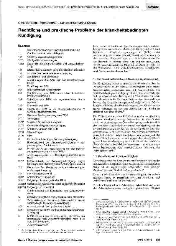 Vorschauseite 1: Rechtliche und praktische Probleme der krankheitsbedingten Kündigung