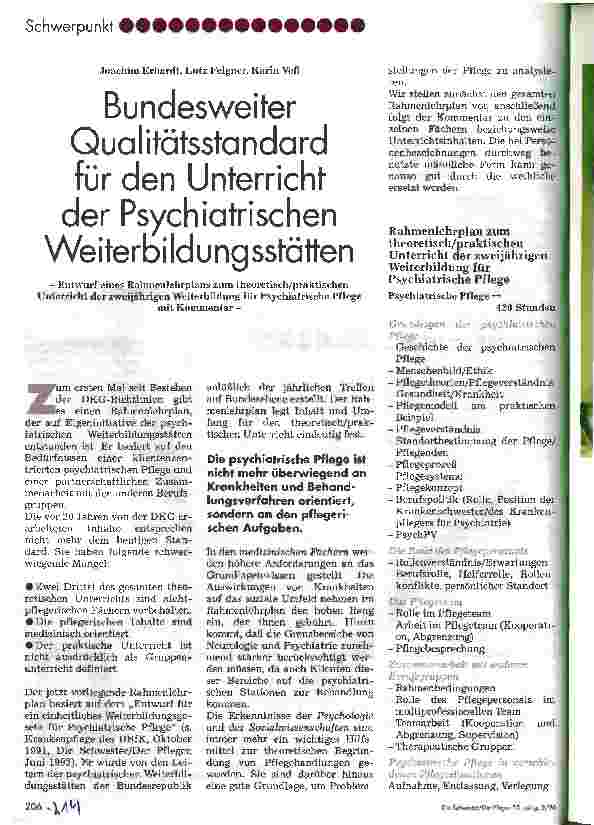 Vorschauseite 1: Bundesweiter Qualitätsstandard für den Unterricht der Psychiatrischen Weiterbildungsstätten Entwurf eines Rahmenlehrplans zum theoretisch/praktischen Unterricht der zweijährigen W…